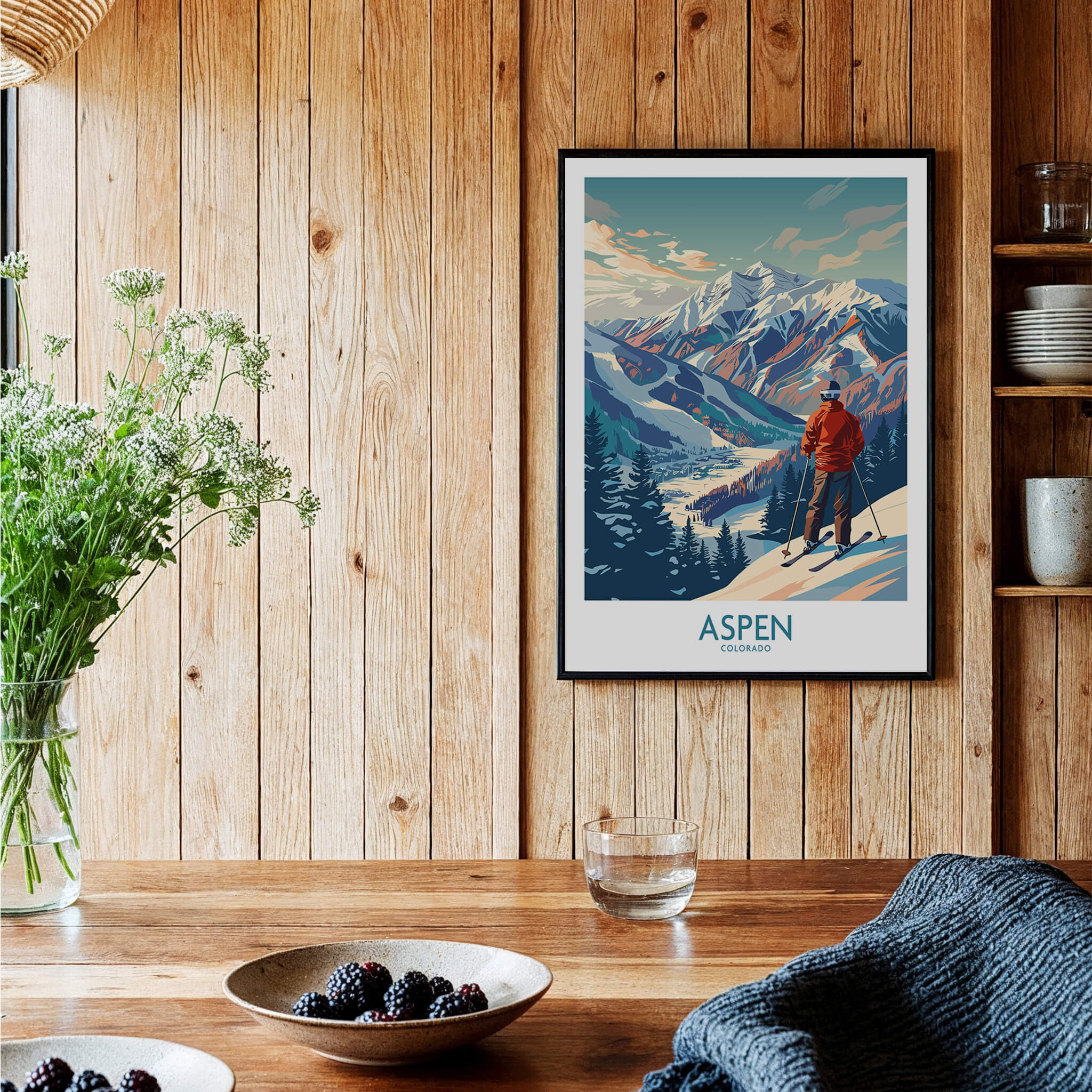 Aspen Wall Art featuring a chic Ski Poster design in a rustic home decor setting.