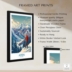Aspen Wall Art featuring a framed ski poster with mountains and a skier, showcasing high-quality printing and design.