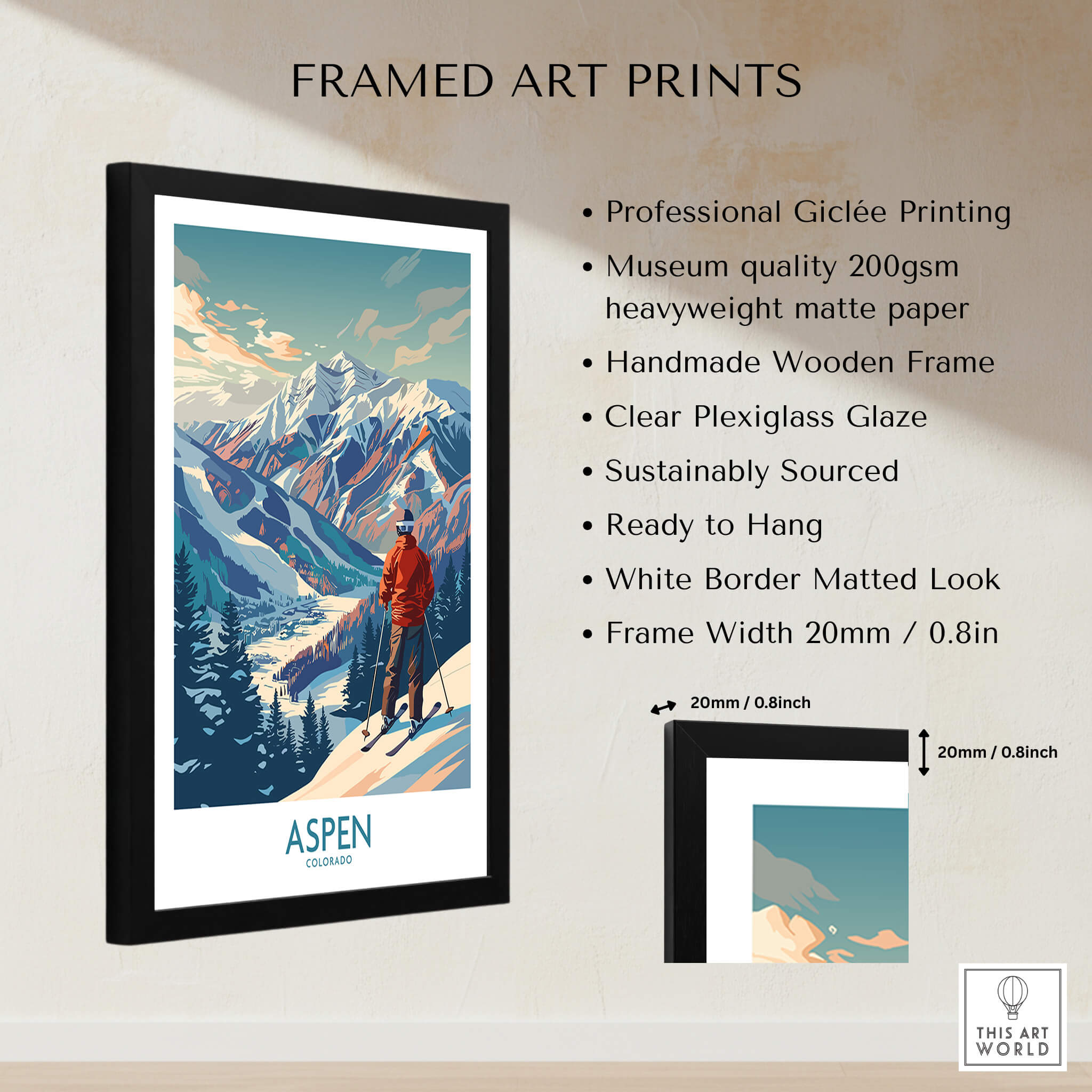 Aspen Wall Art featuring a framed ski poster with mountains and a skier, showcasing high-quality printing and design.