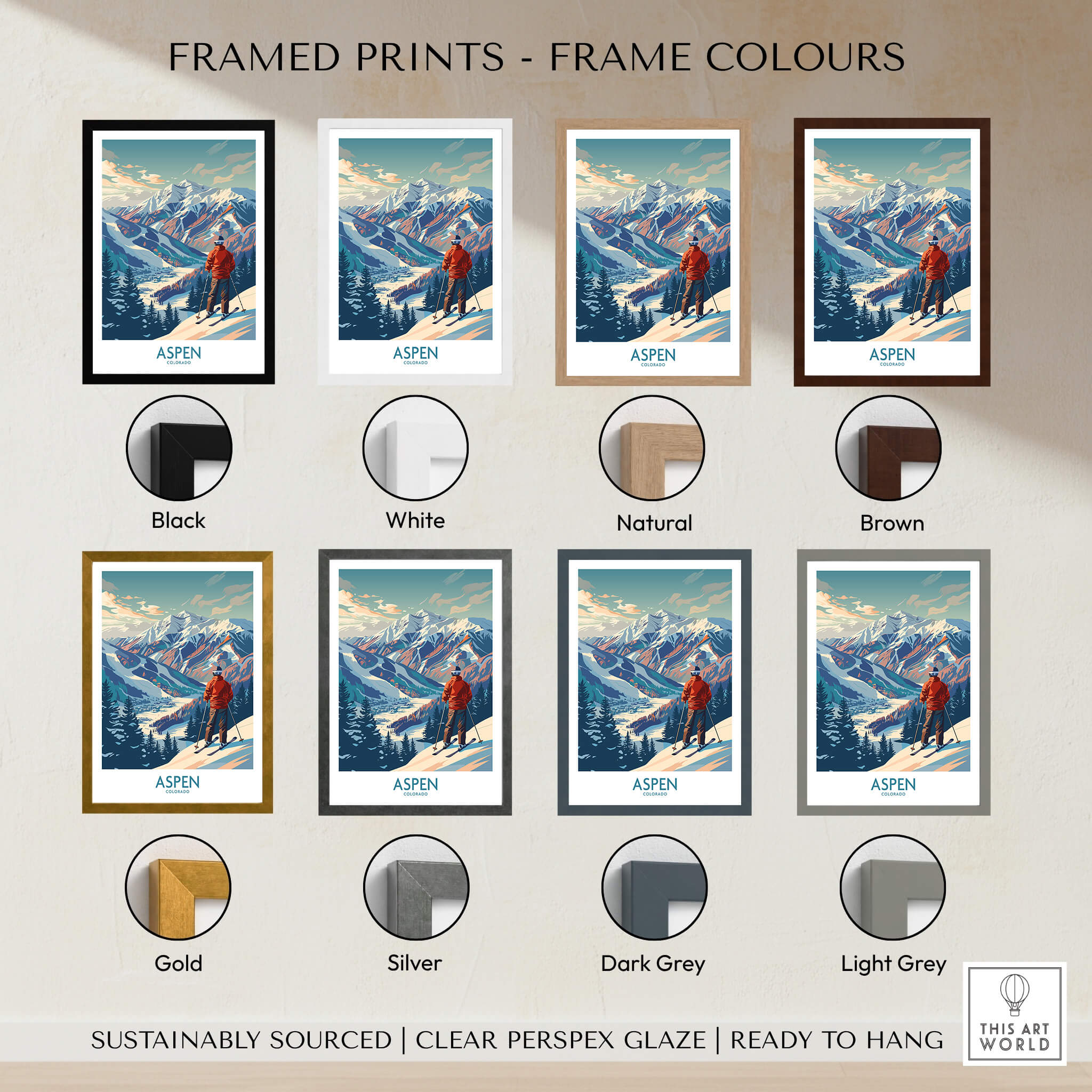 Aspen Wall Art framed prints in various colors including black, white, natural, brown, gold, silver, dark grey, light grey.
