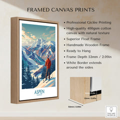 Aspen Wall Art framed canvas print featuring a scenic ski poster design with mountains and a skier.