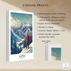 Aspen Wall Art featuring a chic ski poster design ready to hang on a wall, showcasing mountains and a serene landscape.