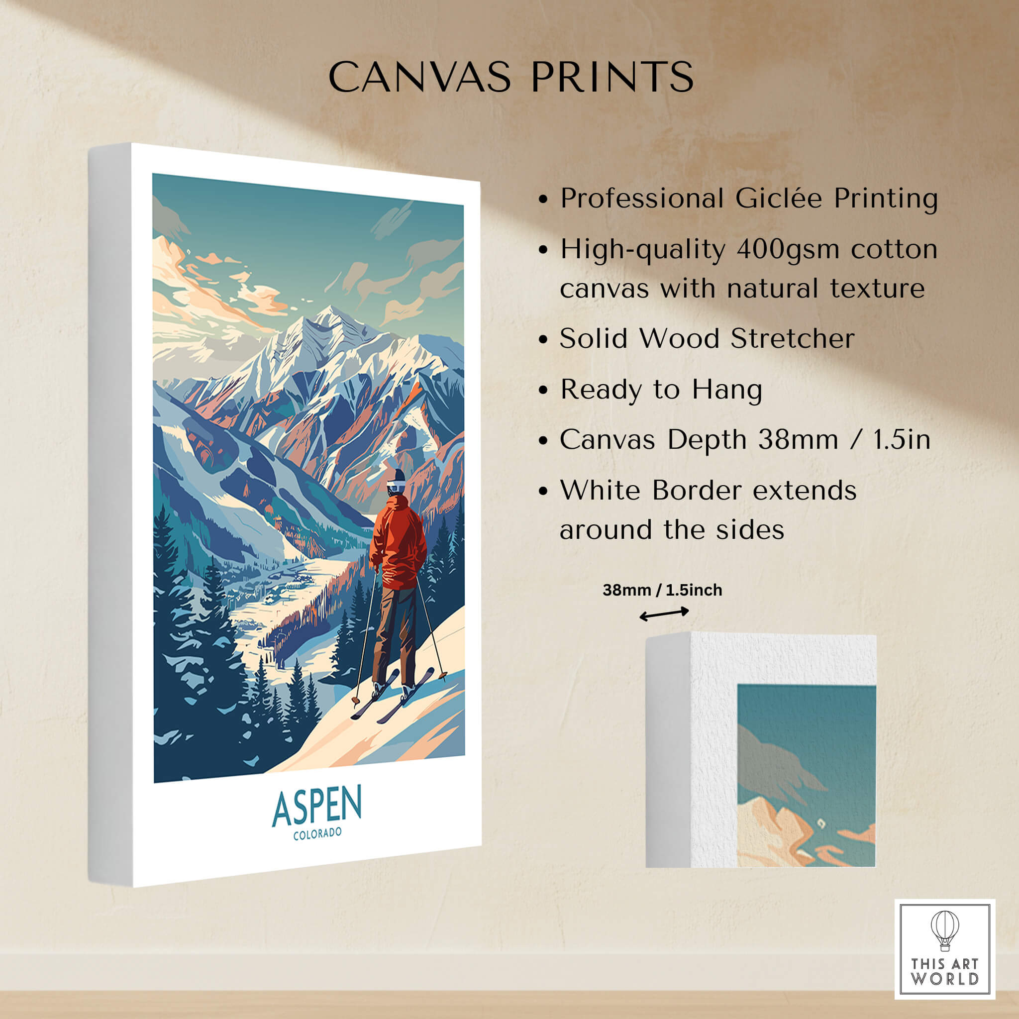 Aspen Wall Art featuring a chic ski poster design ready to hang on a wall, showcasing mountains and a serene landscape.