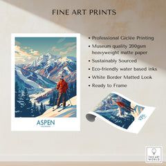 Aspen Wall Art featuring a chic Ski Poster design with mountains and skier, perfect for home decor.