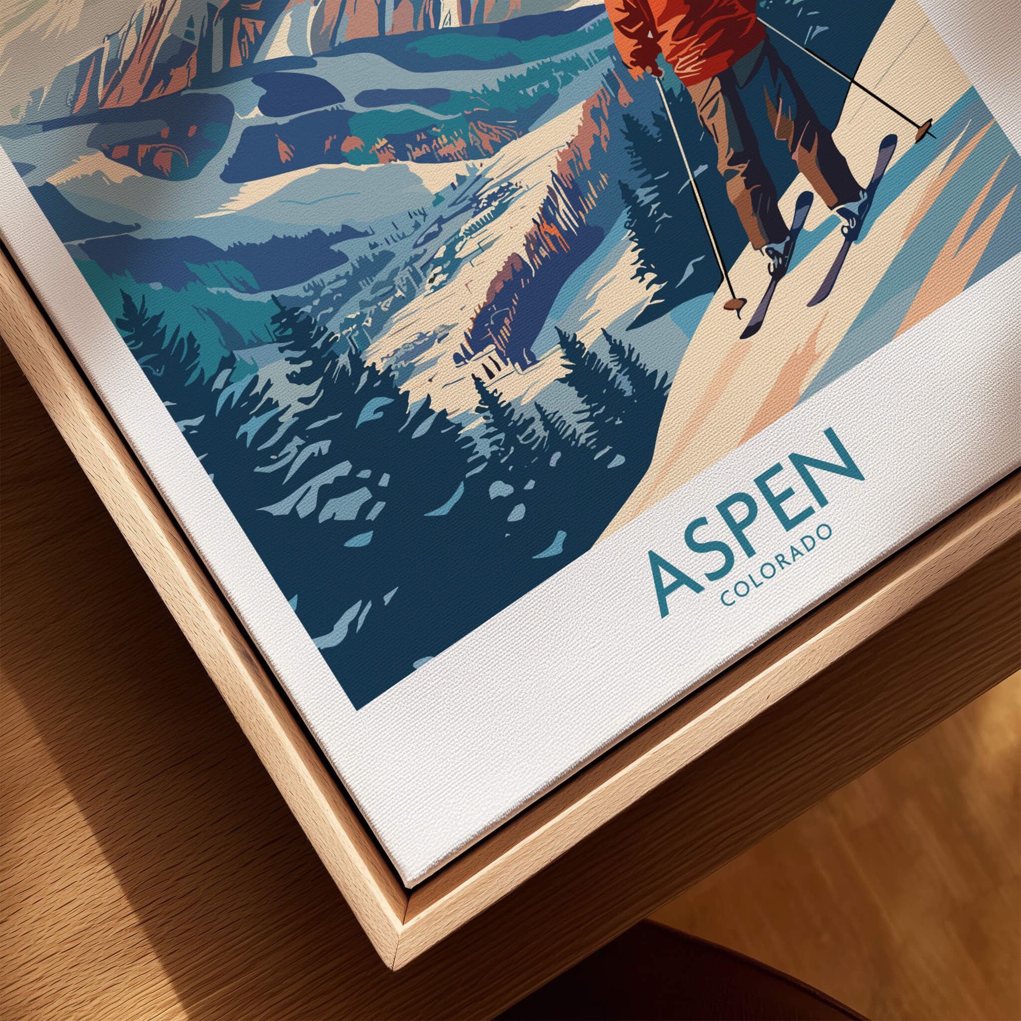 Aspen Wall Art featuring a skier in Colorado mountains with vibrant colors and a chic design.