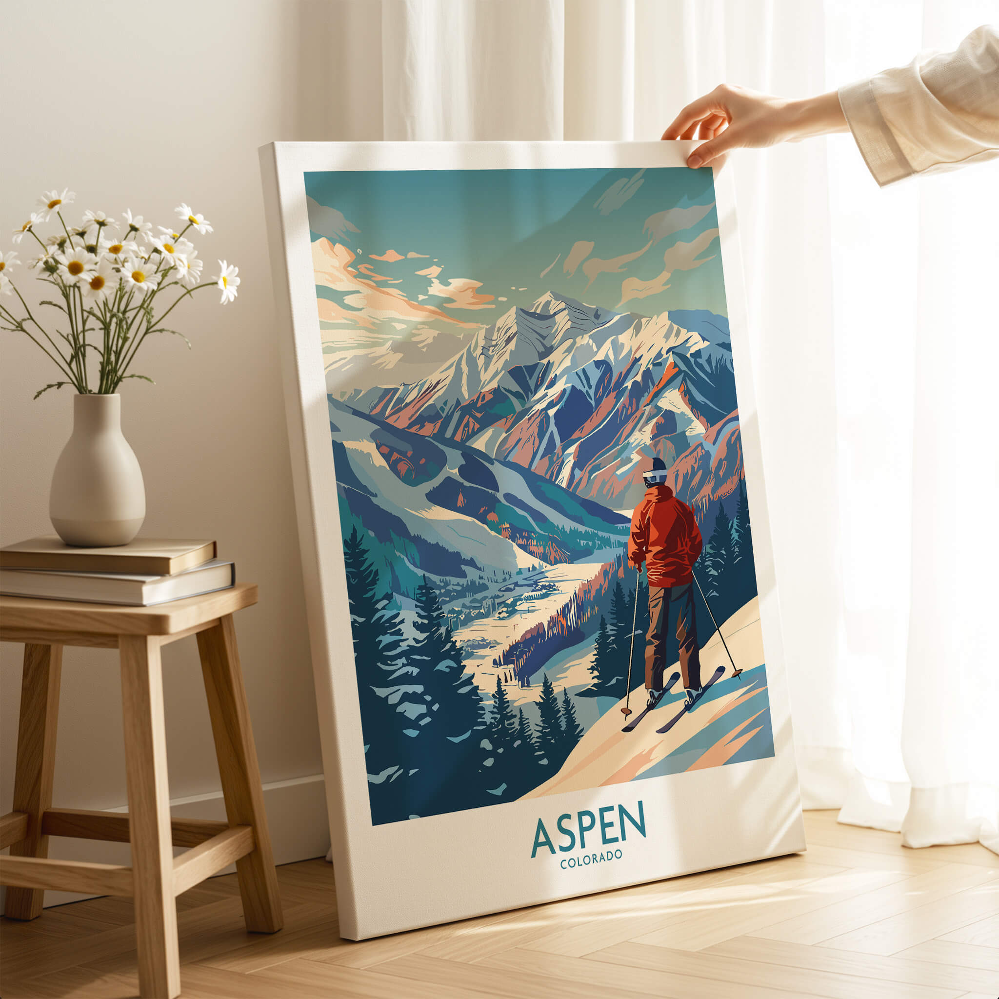 Aspen Wall Art Ski Poster showcasing a skier overlooking the mountains, perfect for home decor.