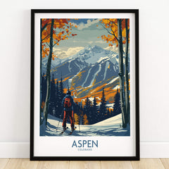 Aspen Poster Ski Print showcasing a scenic view of Aspen, Colorado with vibrant autumn colors and a skier in the foreground.