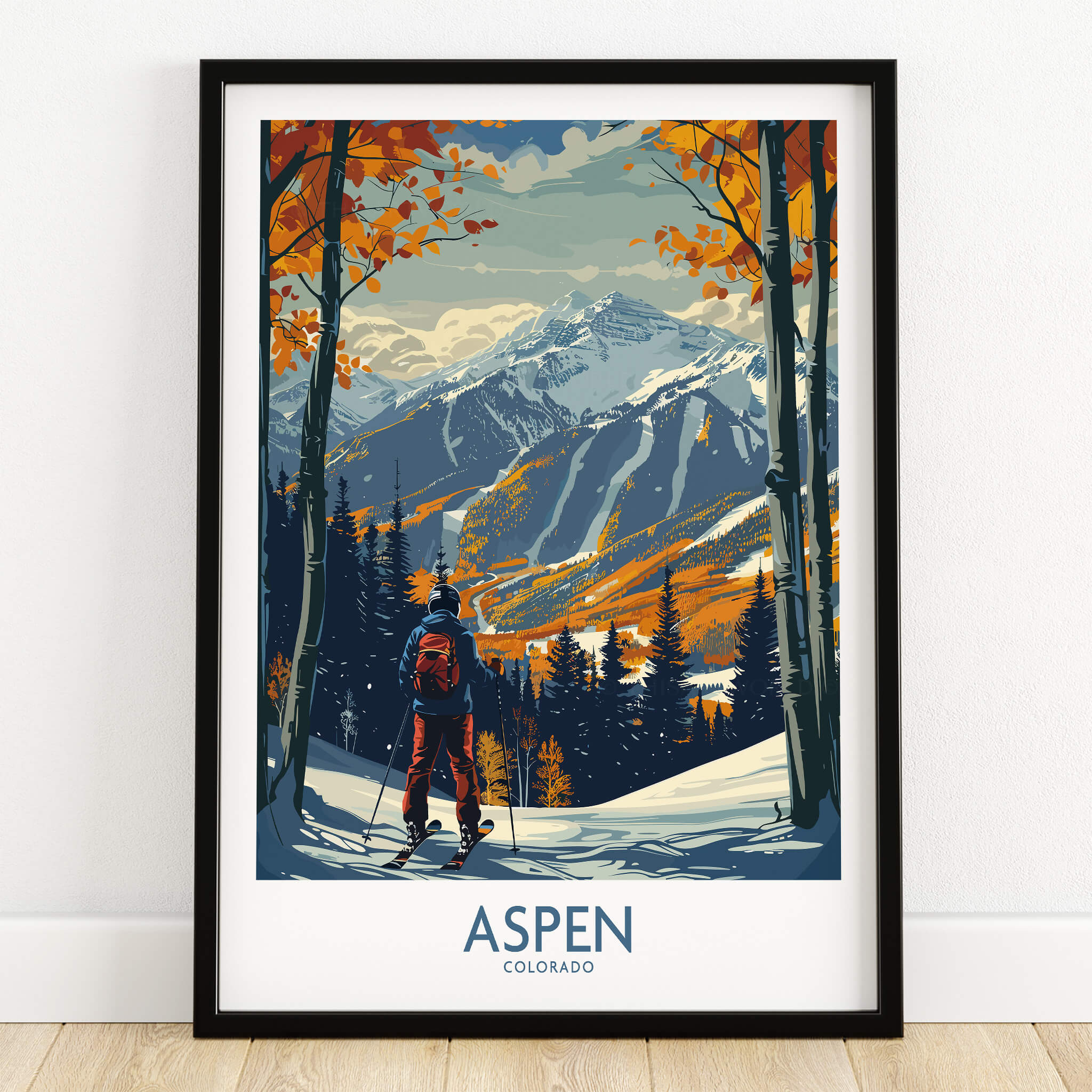 Aspen Poster Ski Print showcasing a scenic view of Aspen, Colorado with vibrant autumn colors and a skier in the foreground.