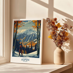 Aspen Poster Ski Print featuring a skier surrounded by autumn foliage and mountains in a bright room.