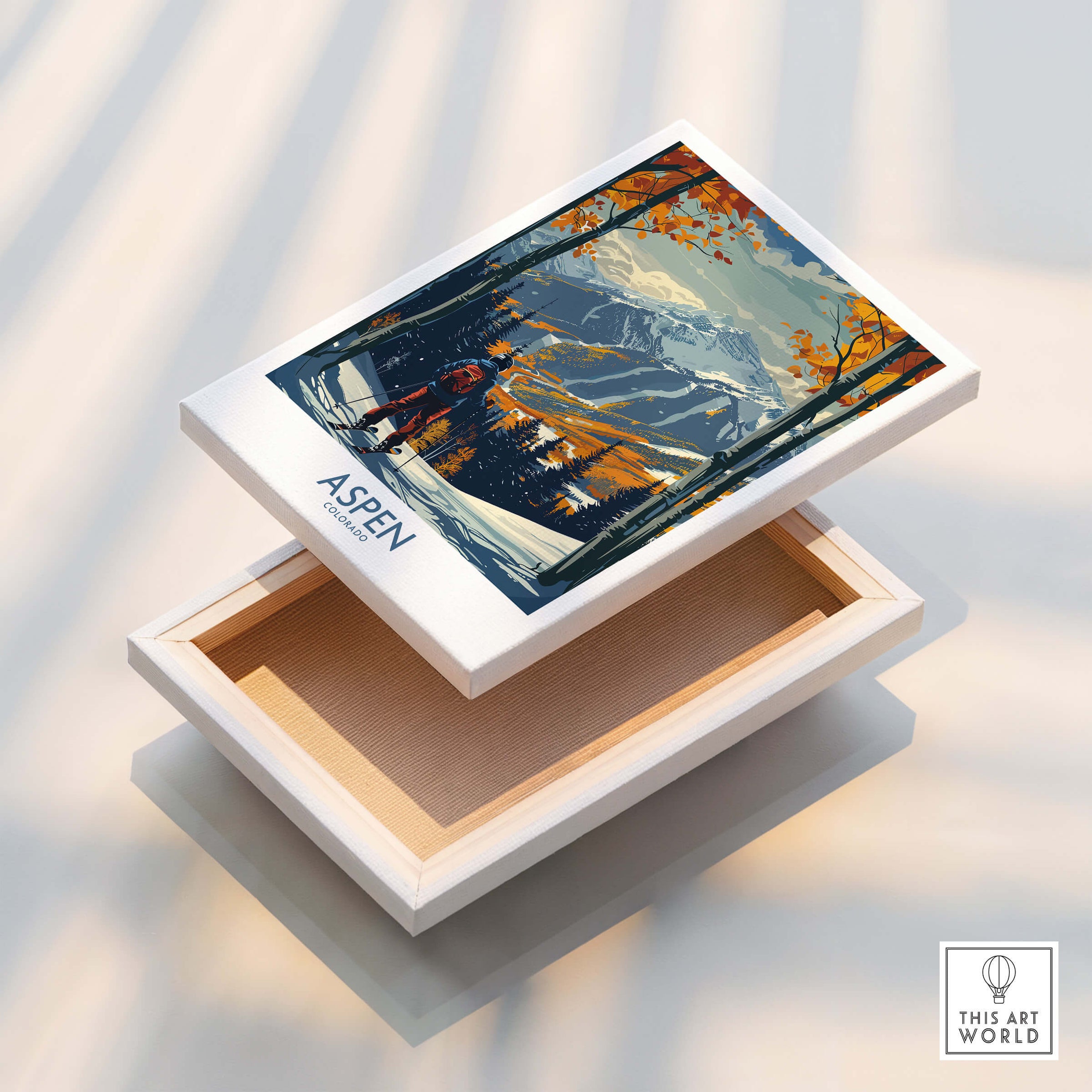 Aspen Poster Ski Print showcasing a scenic design of snow-covered mountains and autumn foliage, perfect for ski enthusiasts.