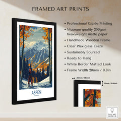 Aspen Poster Ski Print featuring vibrant mountain landscape and a skier, framed artwork for ski enthusiasts.