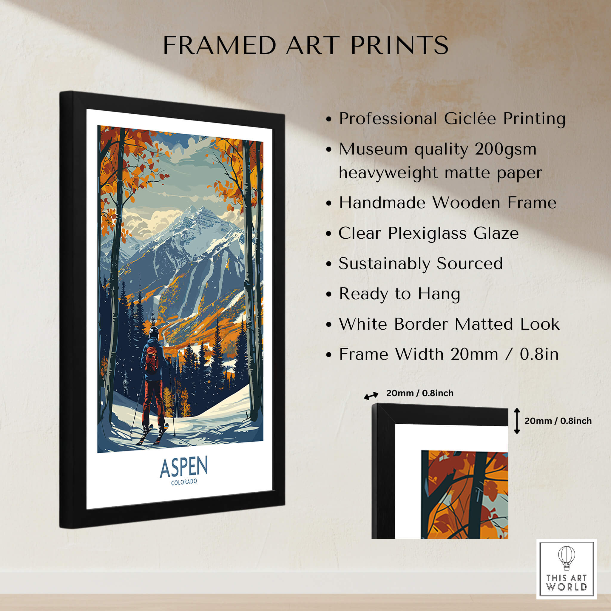 Aspen Poster Ski Print featuring vibrant mountain landscape and a skier, framed artwork for ski enthusiasts.