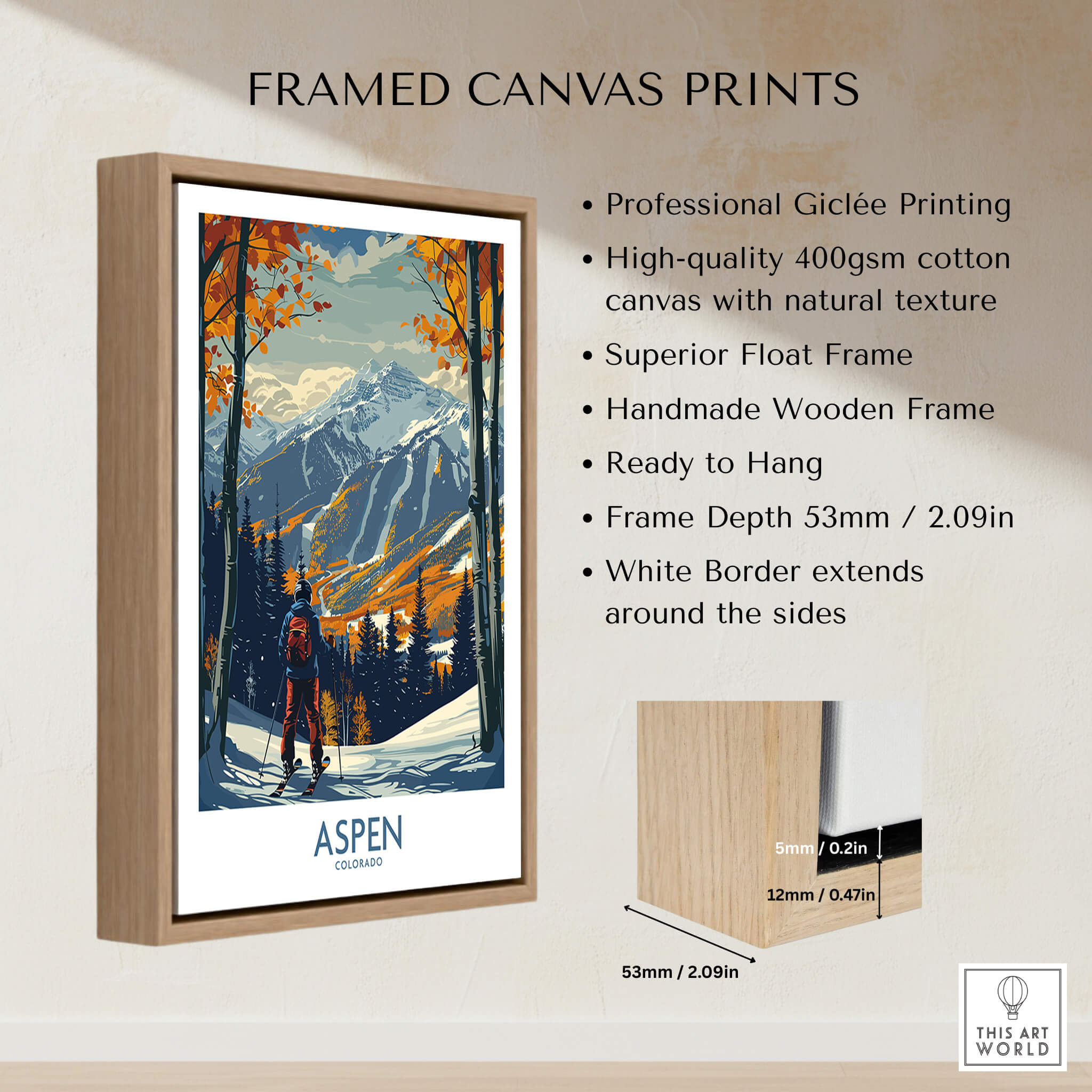 Aspen Poster Ski Print framed canvas print showcasing professional Giclée printing and vibrant ski mountain scenery.