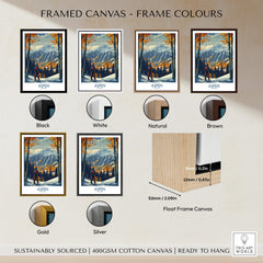 Framed canvas options for Aspen Poster Ski Print including black, white, natural, brown, gold, and silver frames.