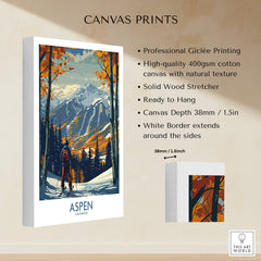 Aspen Poster Ski Print featuring vibrant mountain scenery and a skier, perfect for ski enthusiasts.