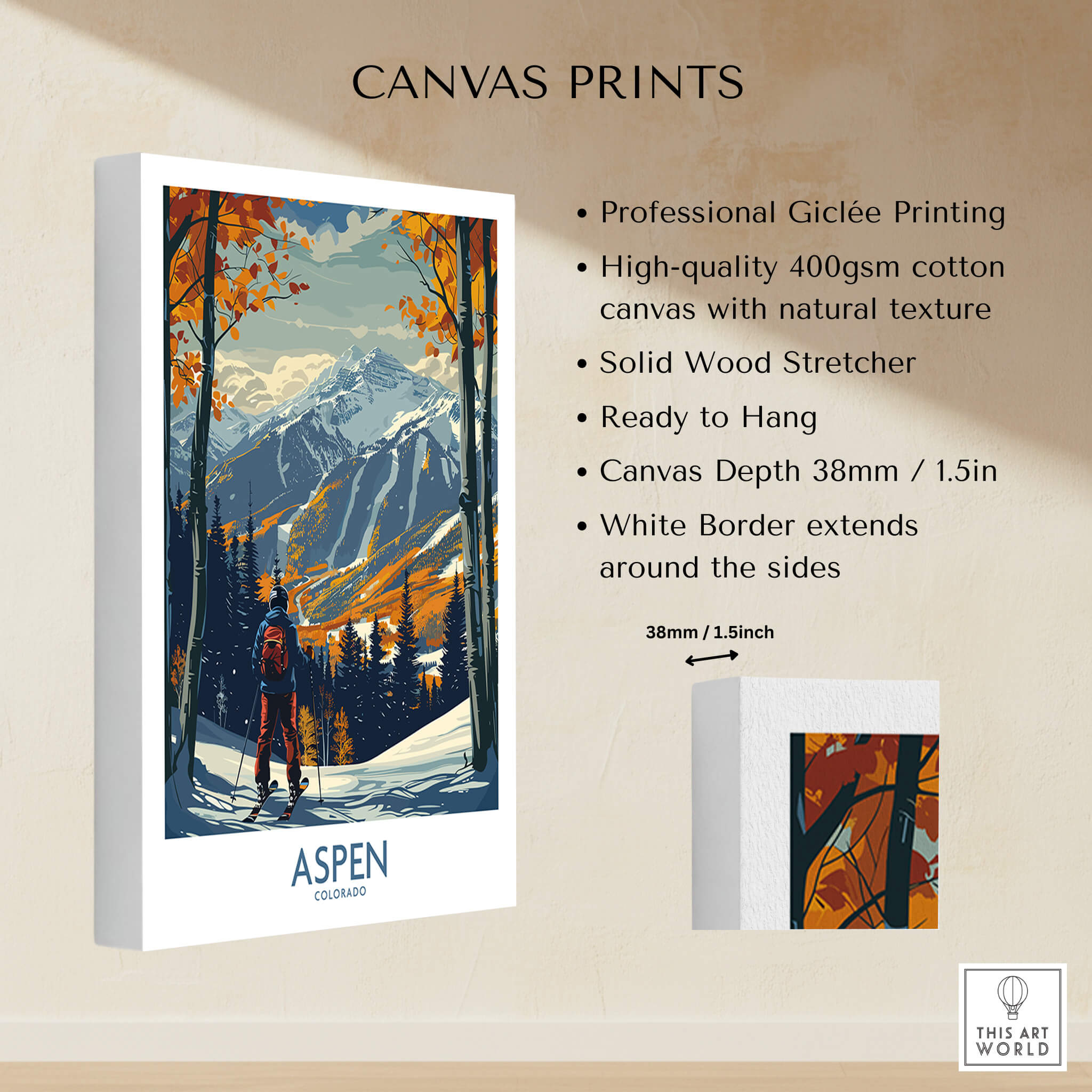 Aspen Poster Ski Print featuring vibrant mountain scenery and a skier, perfect for ski enthusiasts.