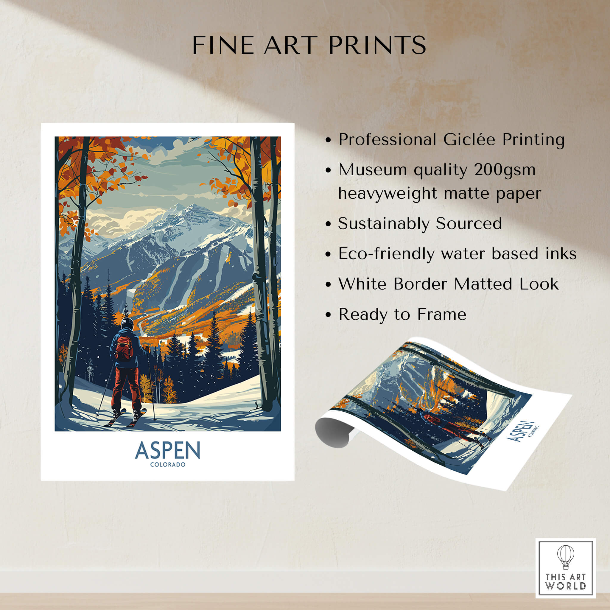 Aspen Poster Ski Print featuring vibrant autumn colors and snowy mountains, perfect for ski lovers and home decor.