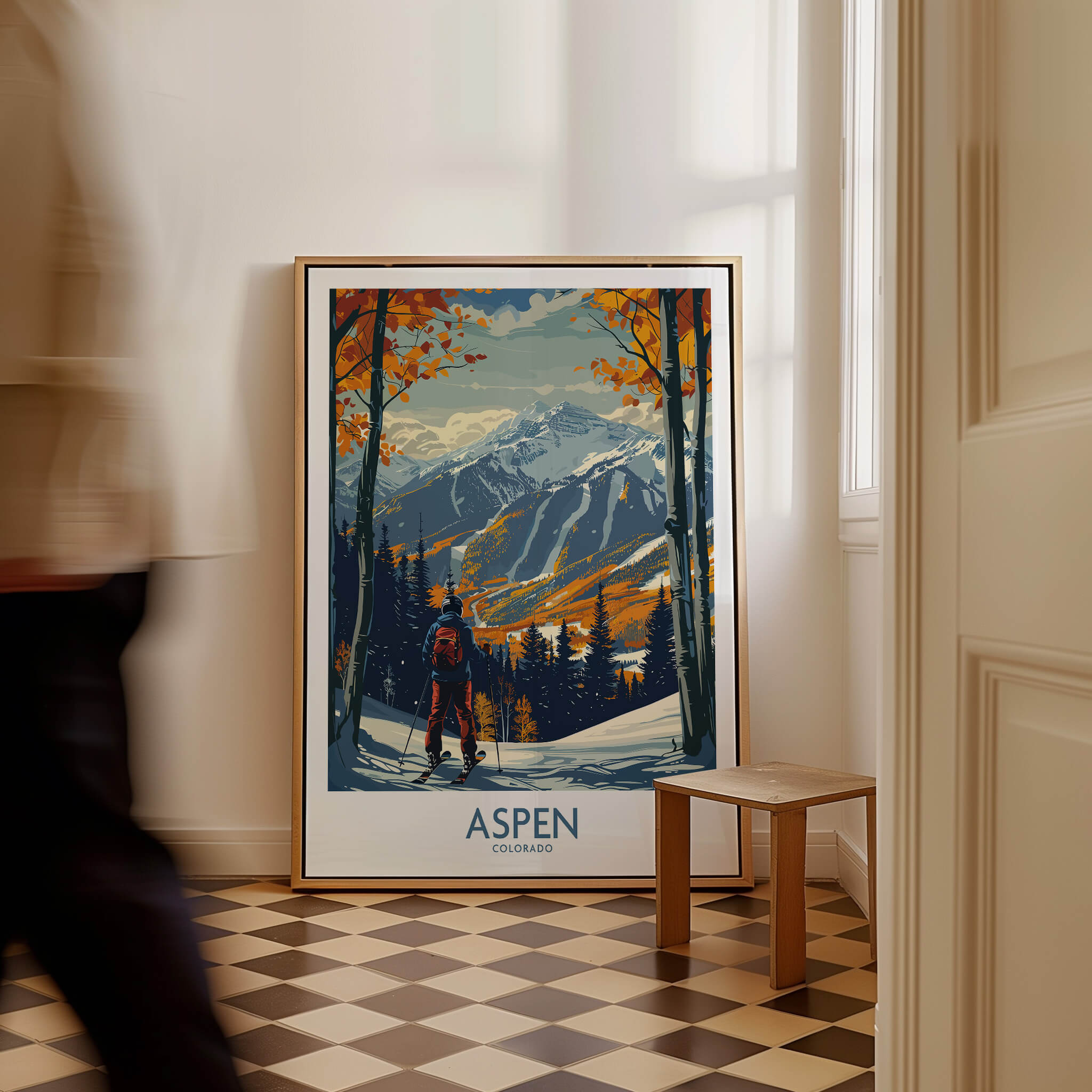 Aspen Poster Ski Print showcasing breathtaking ski slopes in Aspen, Colorado, perfect for ski enthusiasts.