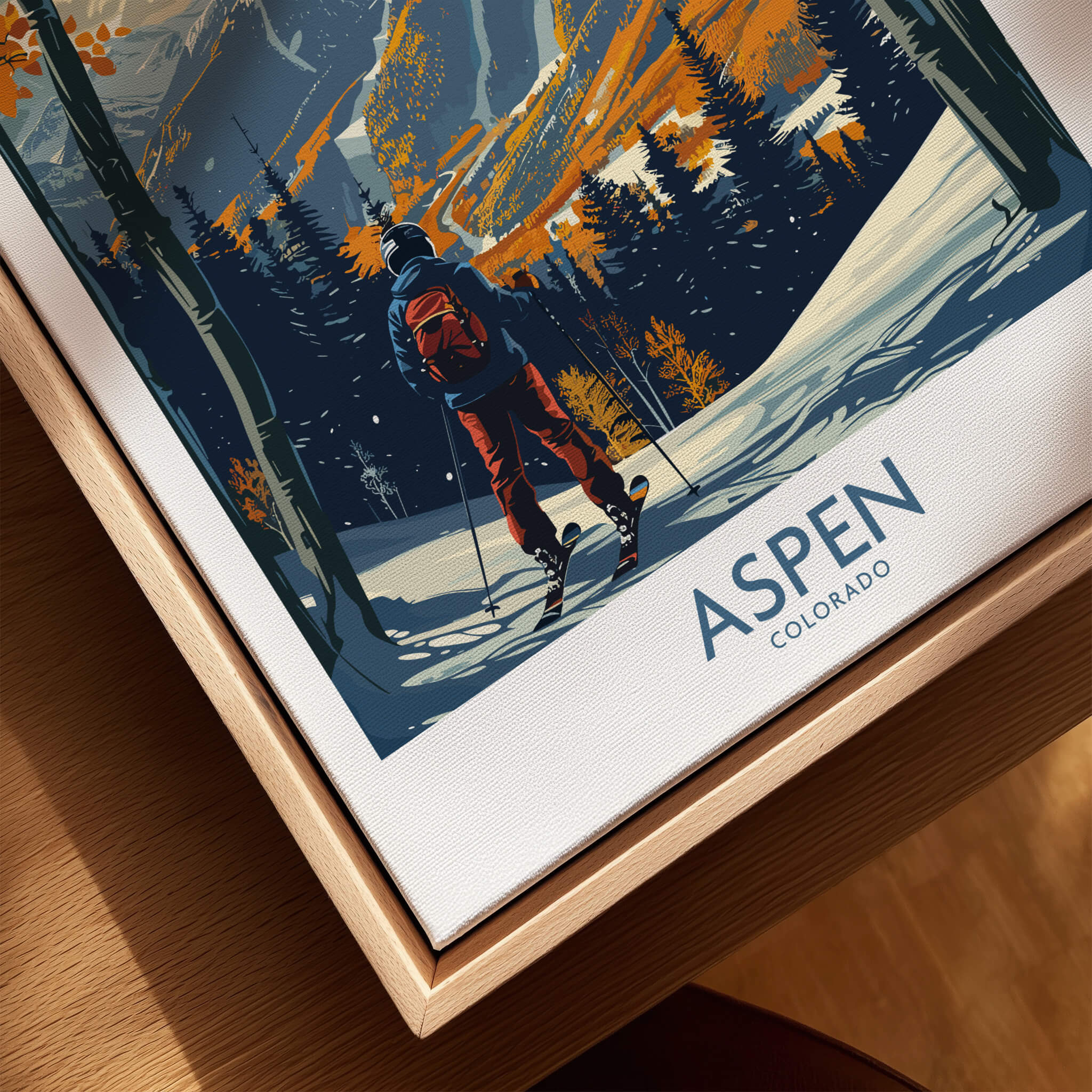 Aspen Poster Ski Print featuring a skier in the beautiful Aspen landscape, showcasing winter sports and scenic views.