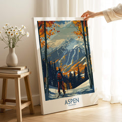 Aspen Poster Ski Print showcasing a picturesque mountain landscape with autumn foliage, perfect for ski enthusiasts.