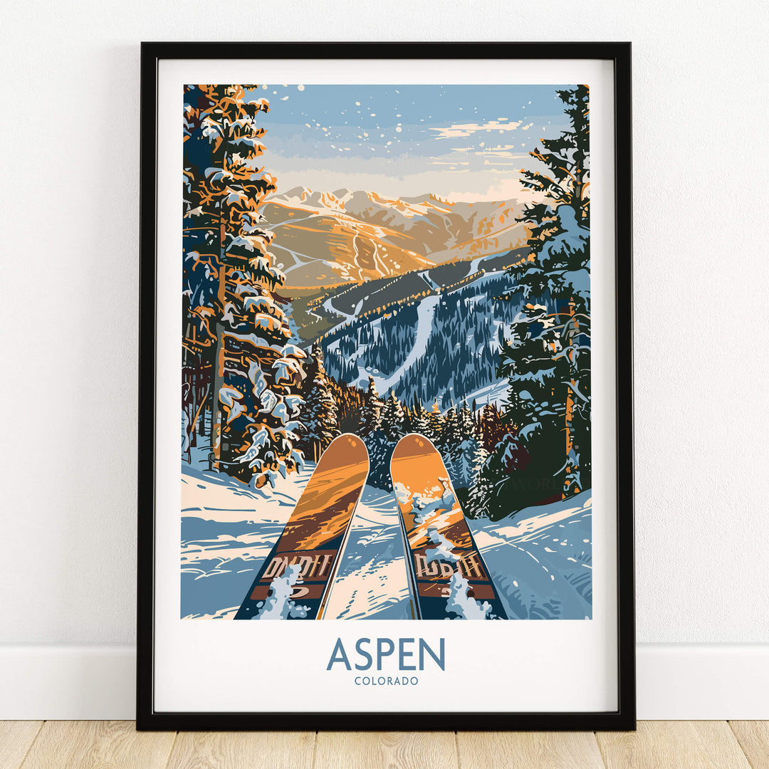 Aspen Wall Art Poster Colorado Ski Print featuring a vibrant ski scene in Aspen, Colorado with snowy slopes and panoramic views.