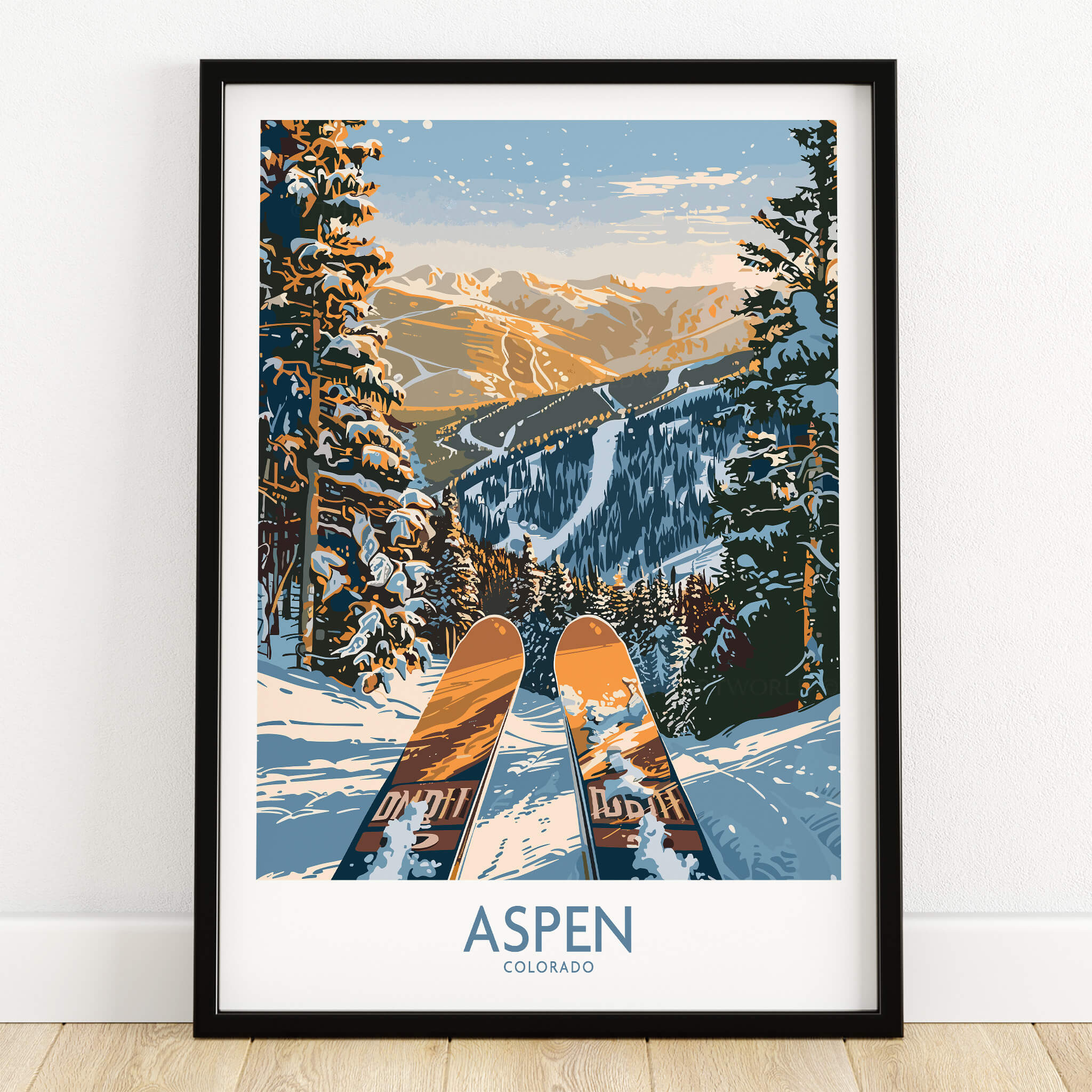 Aspen Wall Art Poster Colorado Ski Print featuring a vibrant ski scene in Aspen, Colorado with snowy slopes and panoramic views.