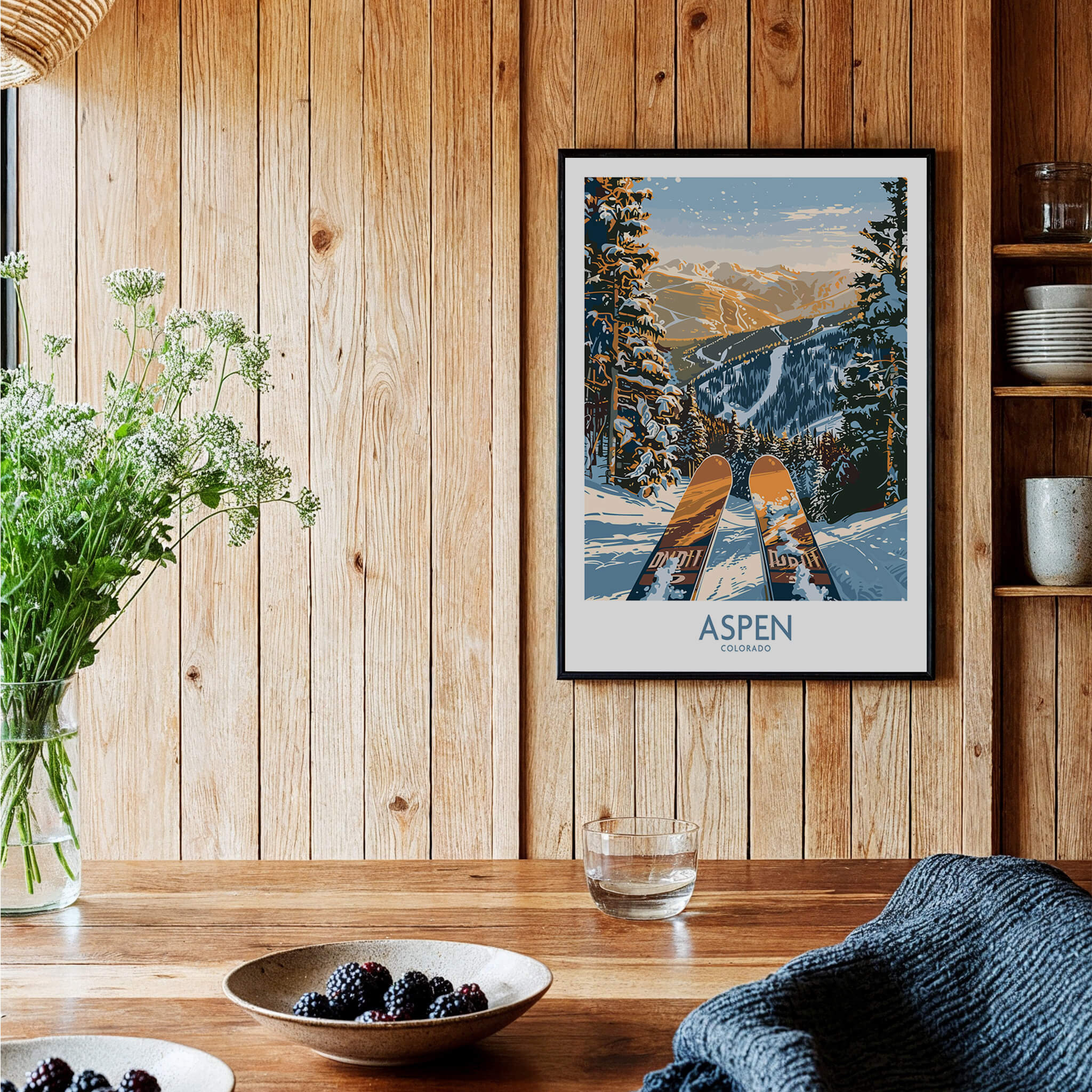 Aspen Wall Art Poster Colorado Ski Print featuring skis in a snowy landscape of Aspen, Colorado.
