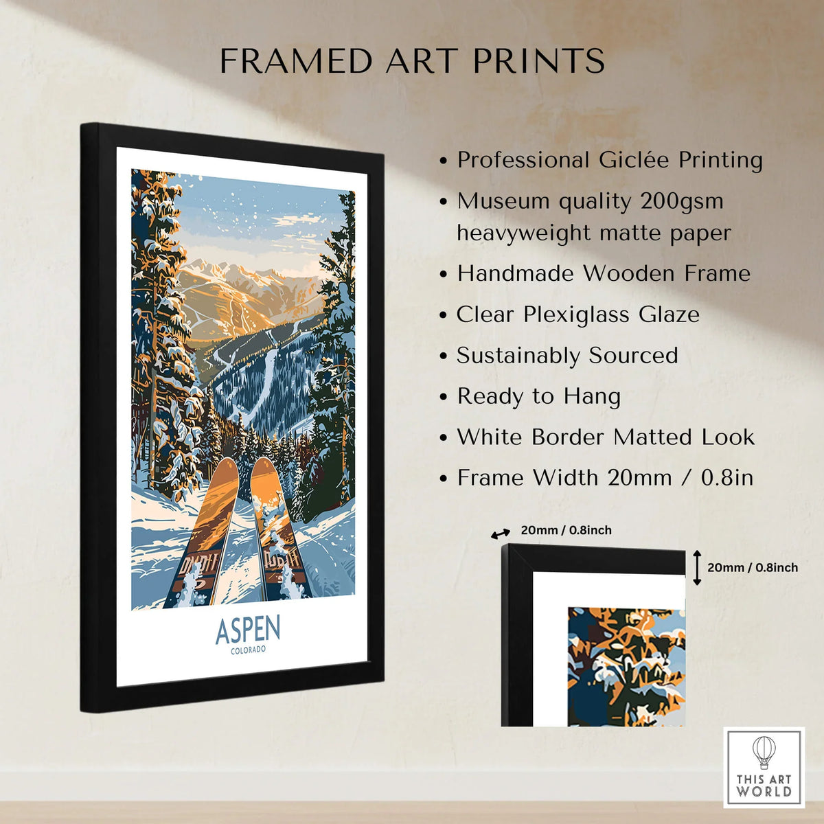 Aspen Wall Art Poster Colorado Ski Print displayed in a framed art print with wooden frame and clear plexiglass.