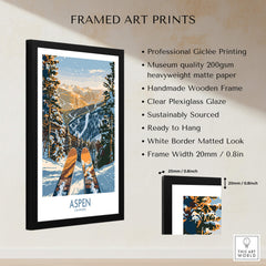 Aspen Wall Art Poster Colorado Ski Print displayed in a framed art print with wooden frame and clear plexiglass.