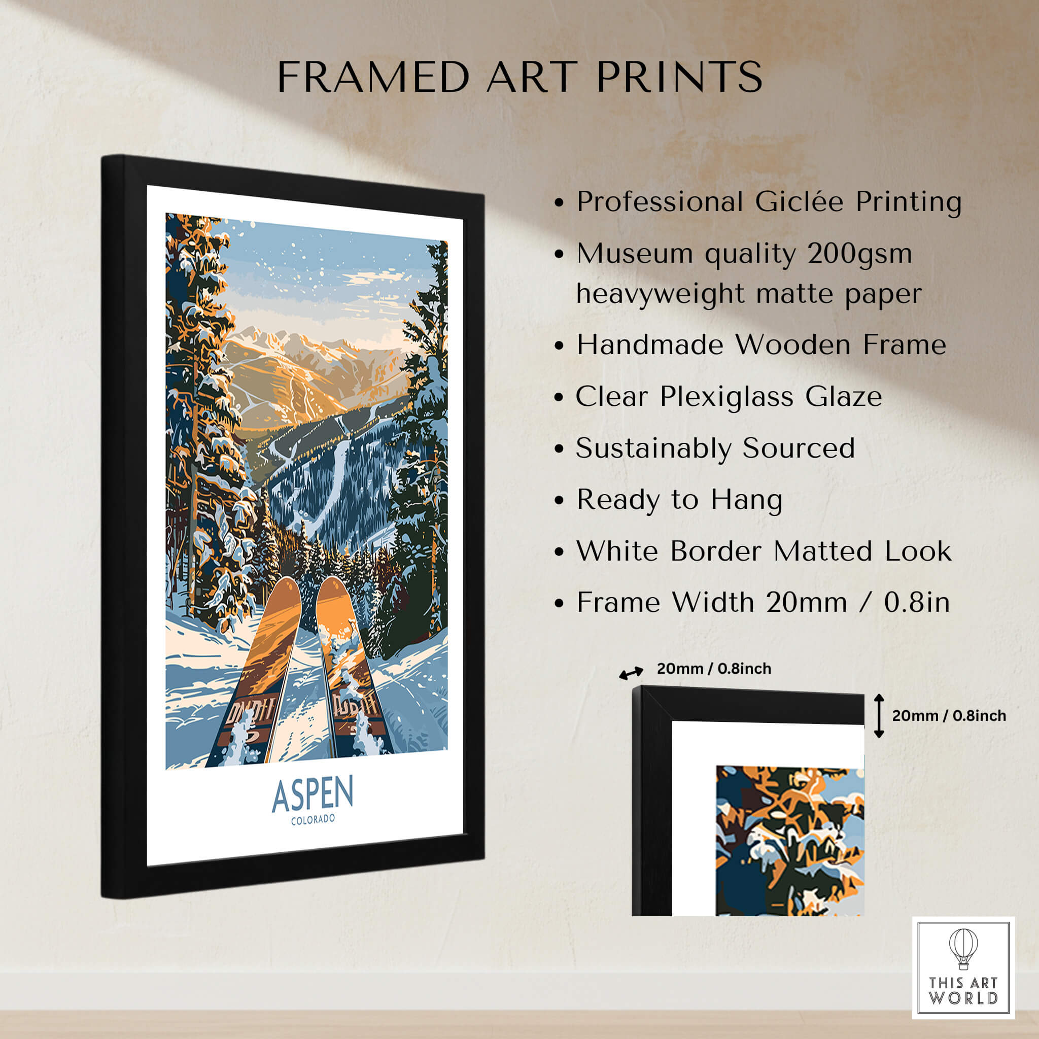 Aspen Wall Art Poster Colorado Ski Print displayed in a framed art print with wooden frame and clear plexiglass.