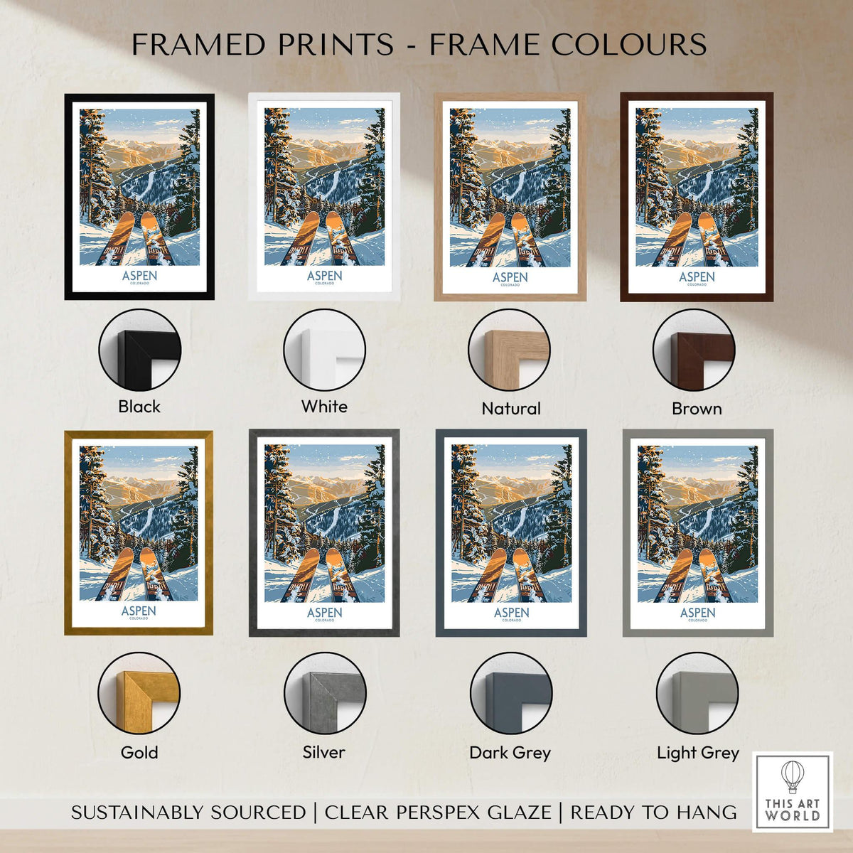 Framed Aspen Wall Art Poster Colorado Ski Print in various frame colors including black, white, natural, brown, gold, and silver.