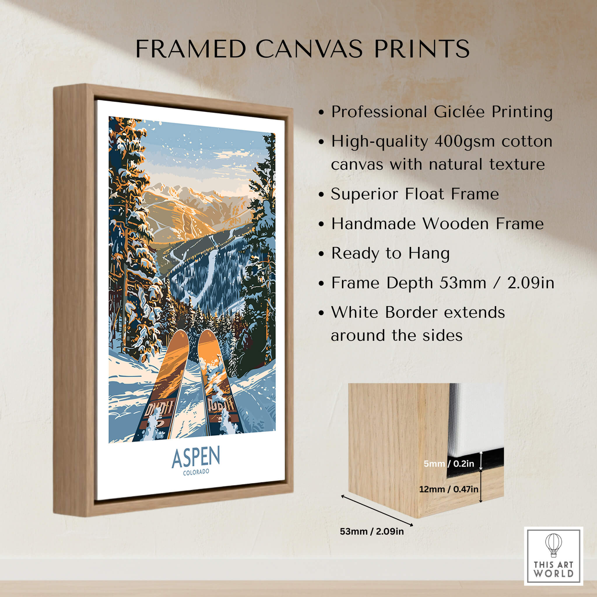 Aspen Wall Art Poster Colorado Ski Print in a framed canvas with vibrant winter scenery and ski equipment.