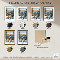 Framed Canvas options showcasing Aspen Wall Art Poster Colorado Ski Print in various frame colors including black, white, and gold.