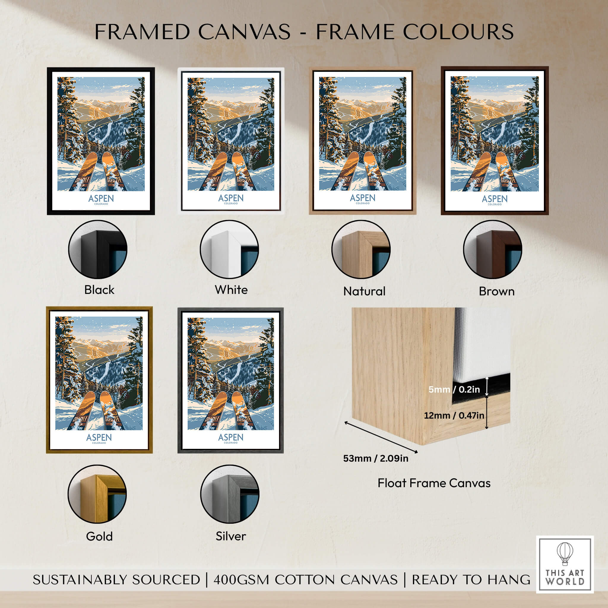 Framed Canvas options showcasing Aspen Wall Art Poster Colorado Ski Print in various frame colors including black, white, and gold.