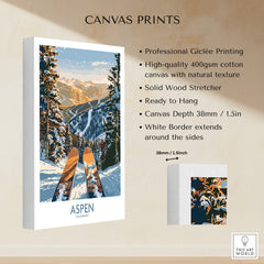 Aspen Wall Art Poster Colorado Ski Print showcasing a vibrant winter scene and skis, perfect for mountain decor.