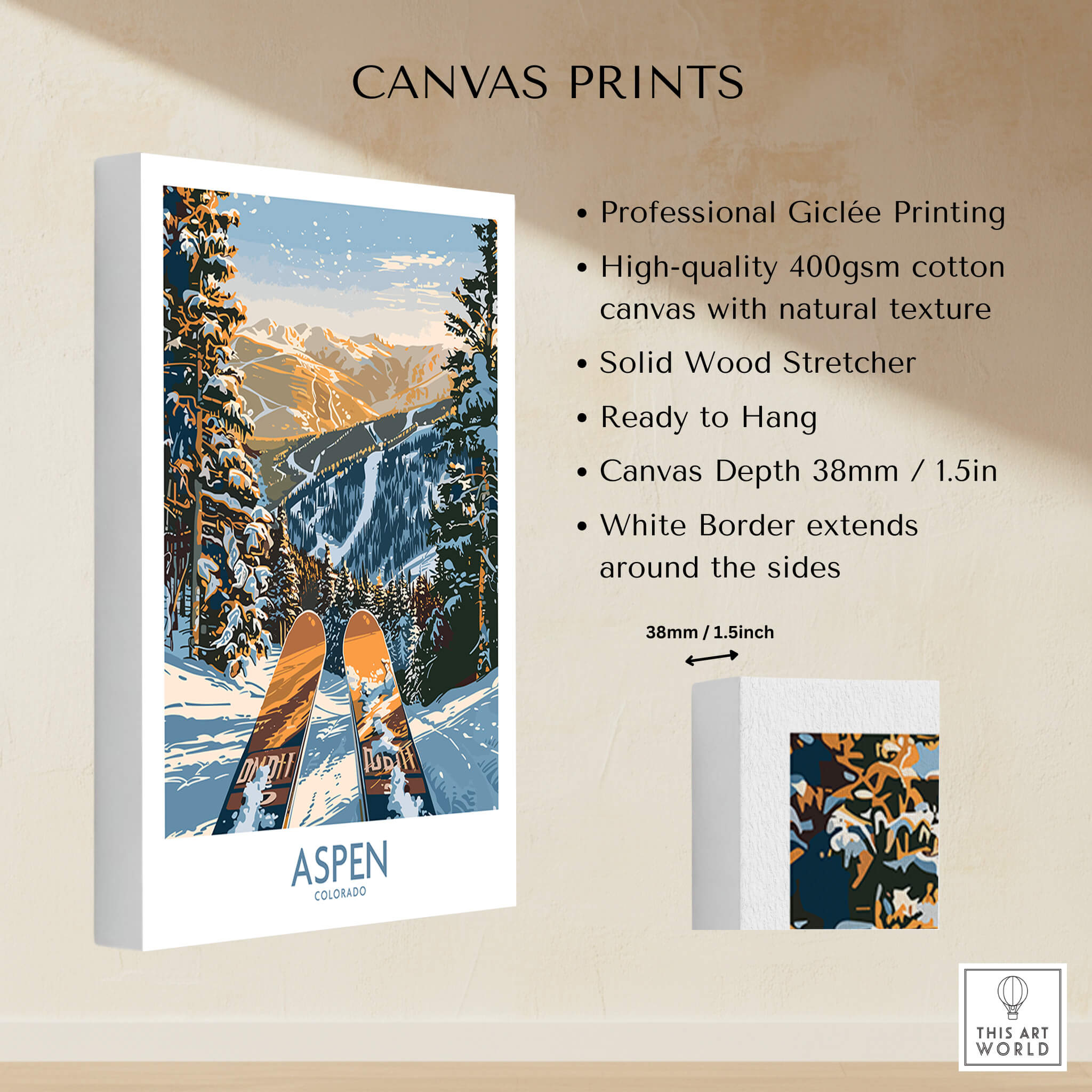 Aspen Wall Art Poster Colorado Ski Print showcasing a vibrant winter scene and skis, perfect for mountain decor.