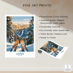 Aspen Wall Art Poster Colorado Ski Print showcasing a vibrant ski scene in Colorado's Aspen during winter.