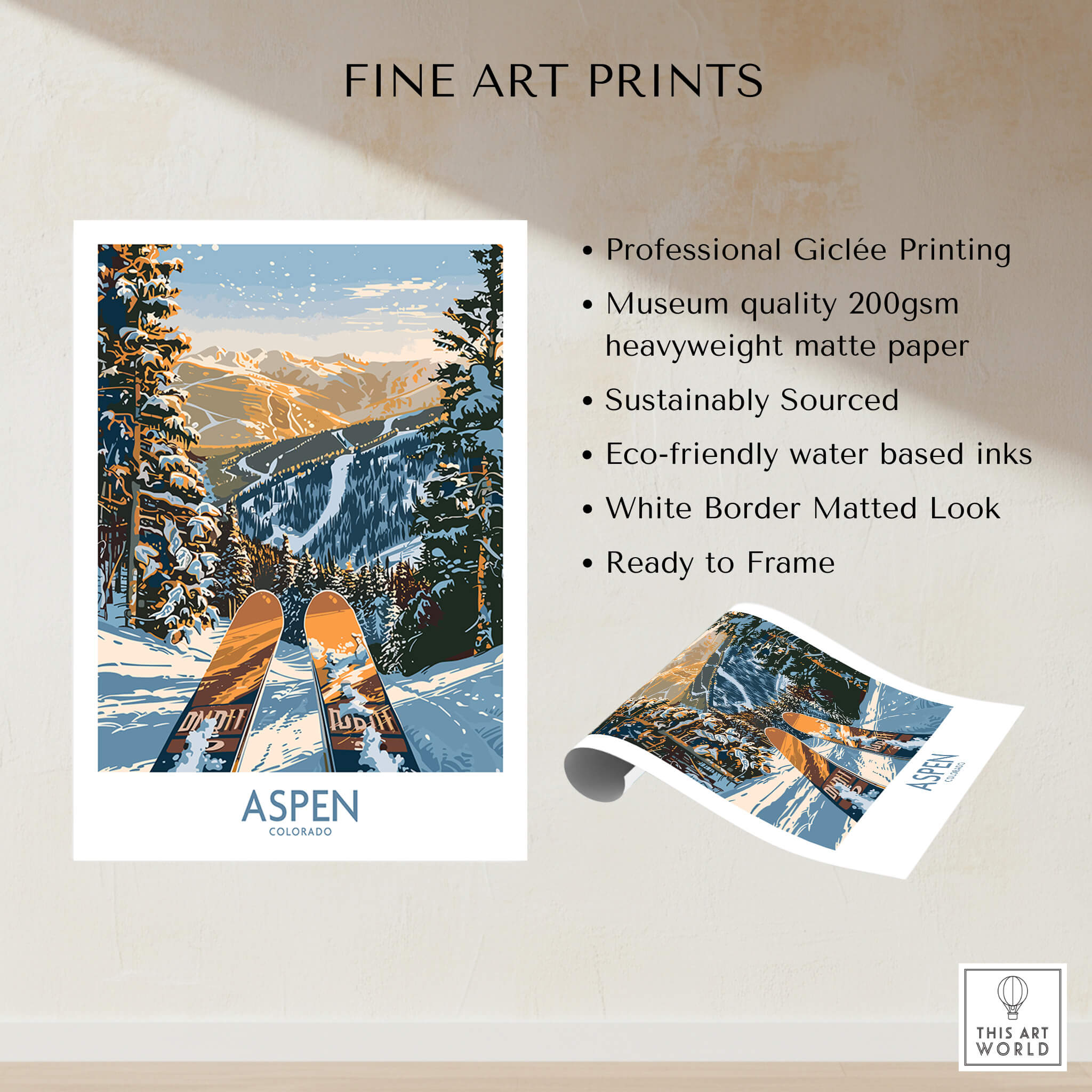 Aspen Wall Art Poster Colorado Ski Print showcasing a vibrant ski scene in Colorado's Aspen during winter.