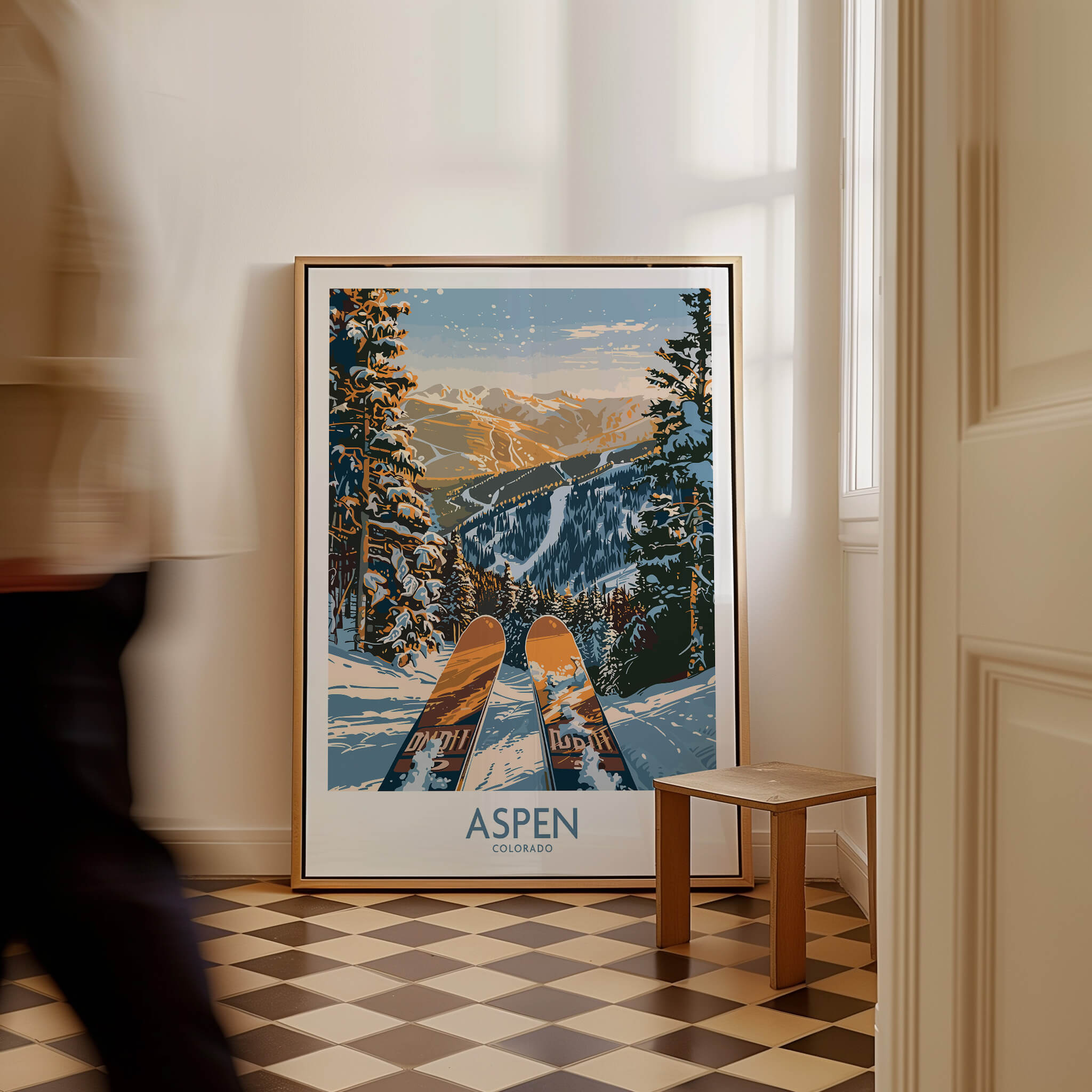 Aspen Wall Art Poster Colorado Ski Print featuring a scenic view with skis in the foreground.