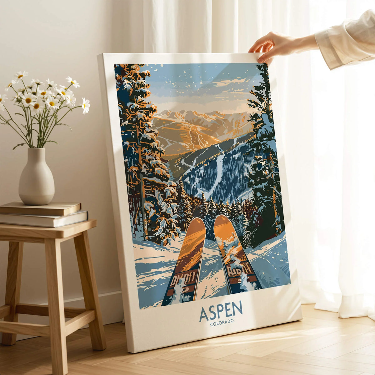 Aspen Wall Art Poster Colorado Ski Print featuring a snowy mountain landscape and ski gear in Aspen, Colorado.