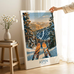 Aspen Wall Art Poster Colorado Ski Print featuring a snowy mountain landscape and ski gear in Aspen, Colorado.