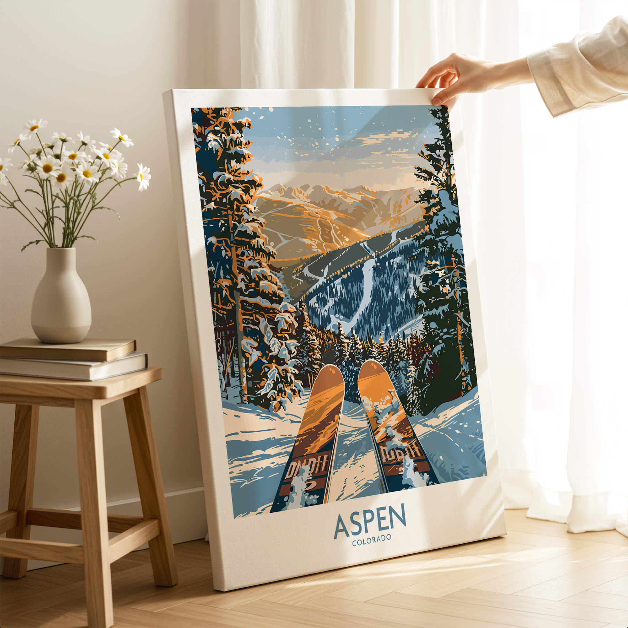 Aspen Wall Art Poster Colorado Ski Print featuring a snowy mountain landscape and ski gear in Aspen, Colorado.
