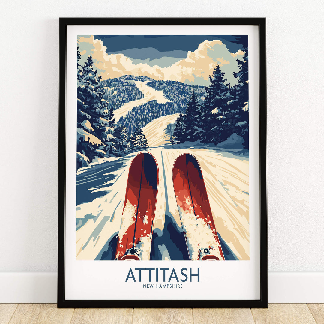 Attitash Ski Poster featuring stunning mountain views and red skis in the snow, capturing the essence of skiing at Attitash.
