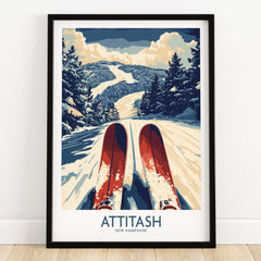 Attitash Ski Poster featuring stunning mountain views and red skis in the snow, capturing the essence of skiing at Attitash.