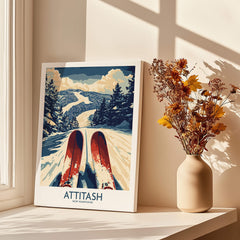 Attitash Ski Poster showcasing beautiful ski slopes and mountains in Attitash, New Hampshire with vibrant colors.