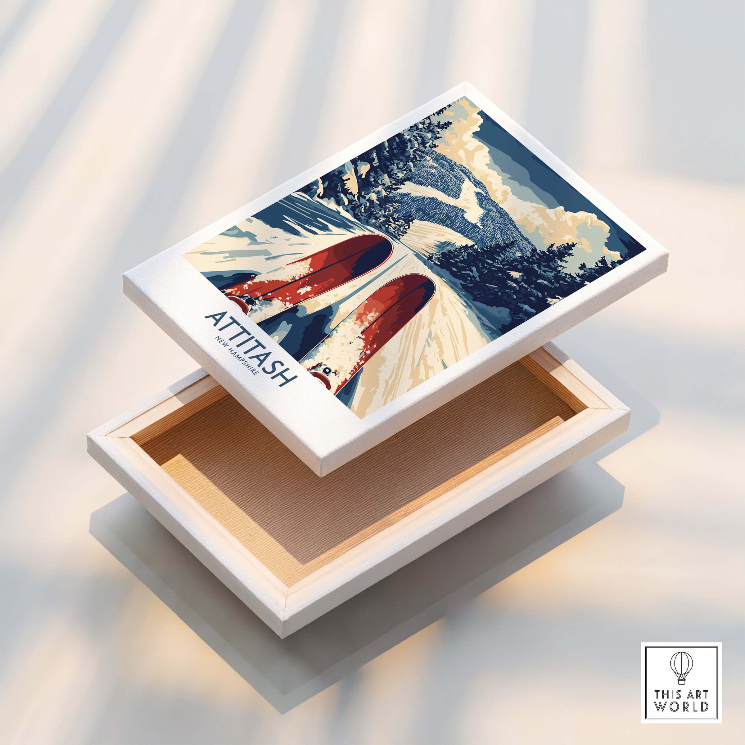 Attitash Ski Poster featuring scenic mountains and skis, perfect for home decor or ski enthusiasts.