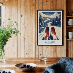 Attitash Ski Poster showcasing vibrant ski slopes and scenic mountain views in a cozy home setting.