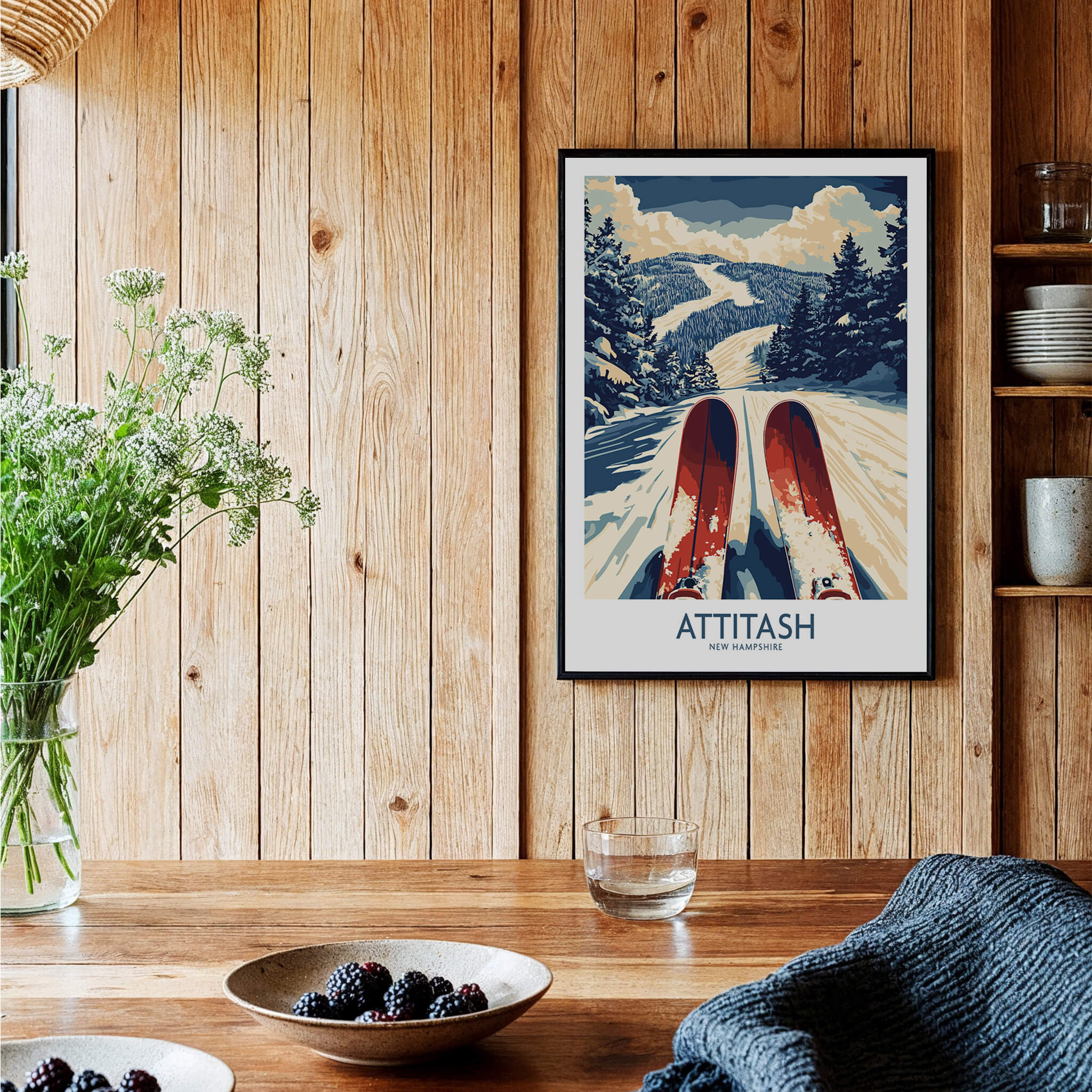 Attitash Ski Poster showcasing vibrant ski slopes and scenic mountain views in a cozy home setting.
