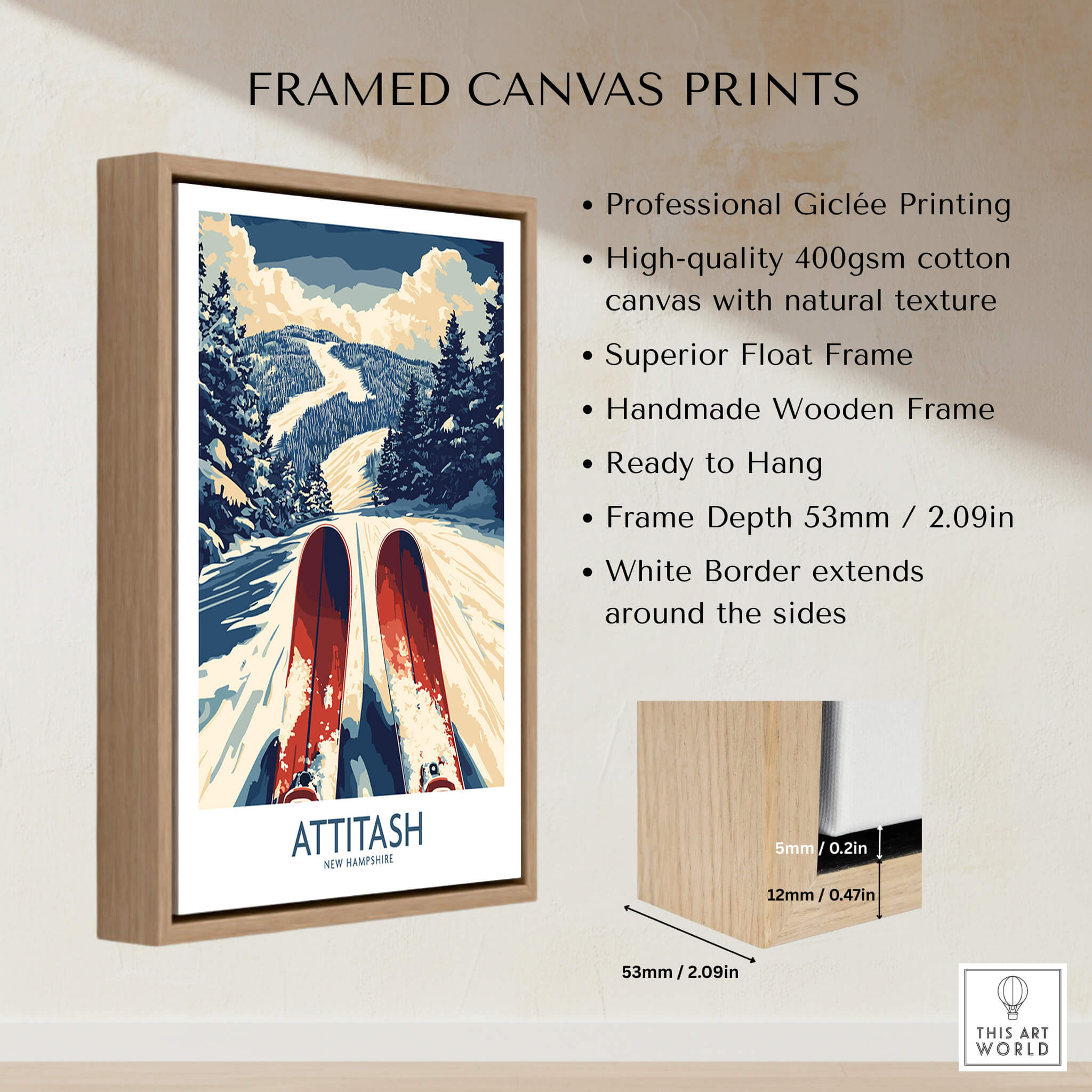 Attitash Ski Poster framed canvas print showcasing vibrant skiing design and natural scenery.