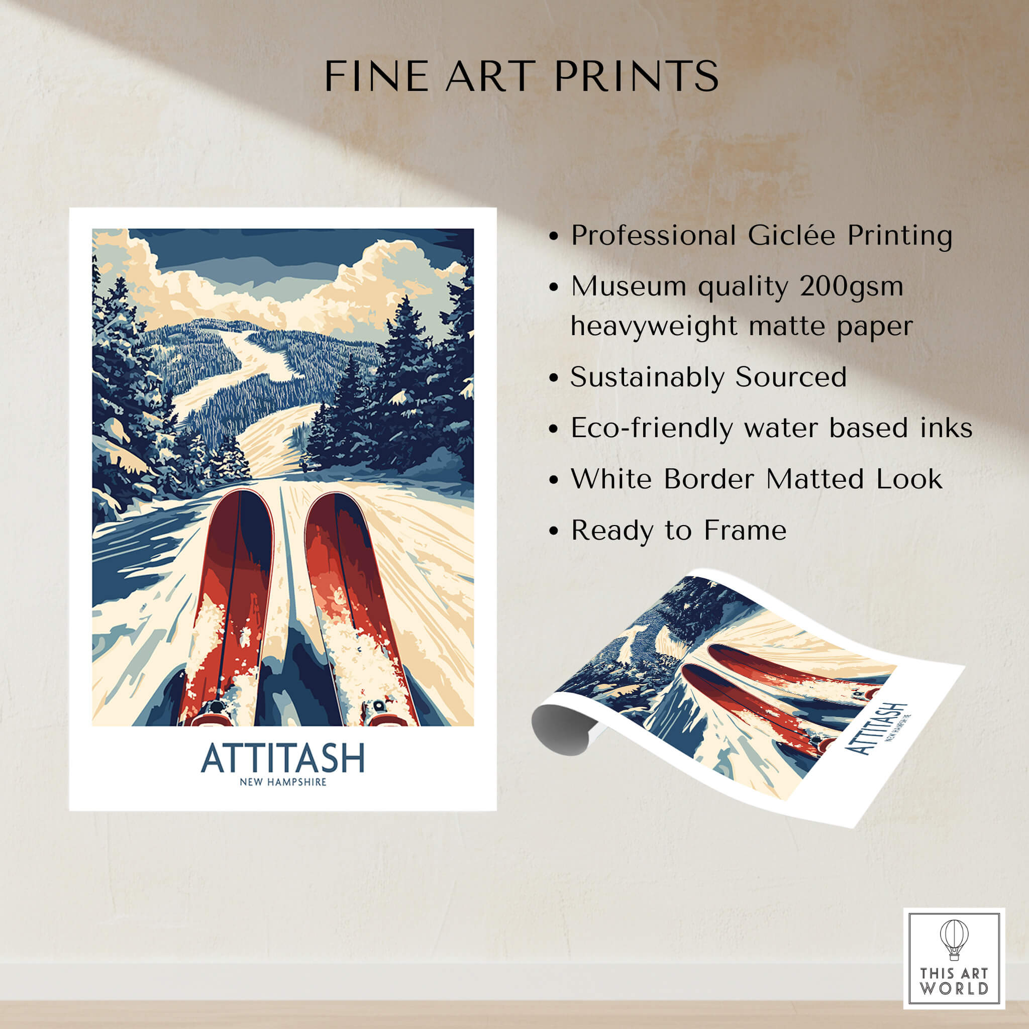 Attitash Ski Poster showcasing the beauty of skiing with professional Giclée printing on heavyweight matte paper.